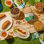 Picnic scene with Hubs Peanuts and hot dogs on grass