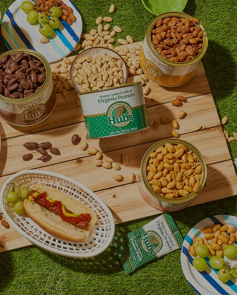 Assorted Hubs Peanuts displayed on a picnic table with snacks and fruit.
